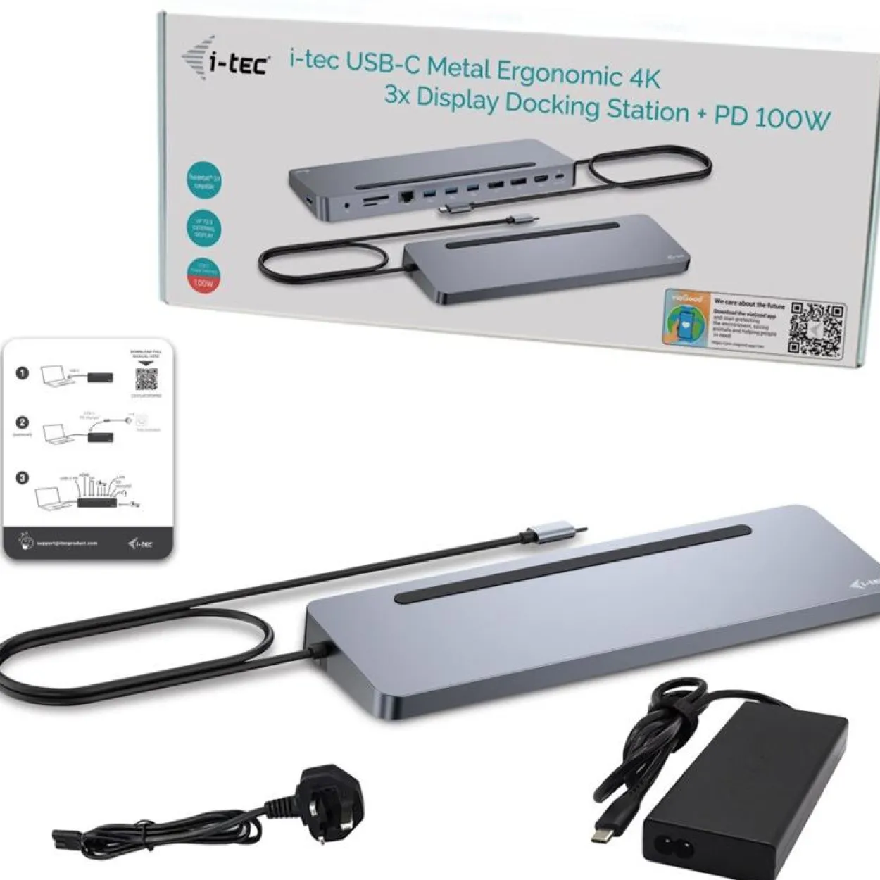 I-TEC USB-C Metal Ergonomic 4K 3x Display Docking Station with PD 100 W + i-tec Universal Charger 100W bundle