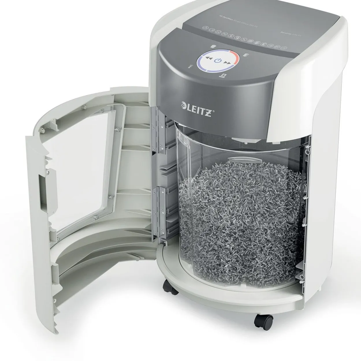 LEITZ IQ OptiMax Small Office 350 Aktenvernichter mit Partikelschnitt P-5, 2 x15 mm, bis 8 Blatt, weiß