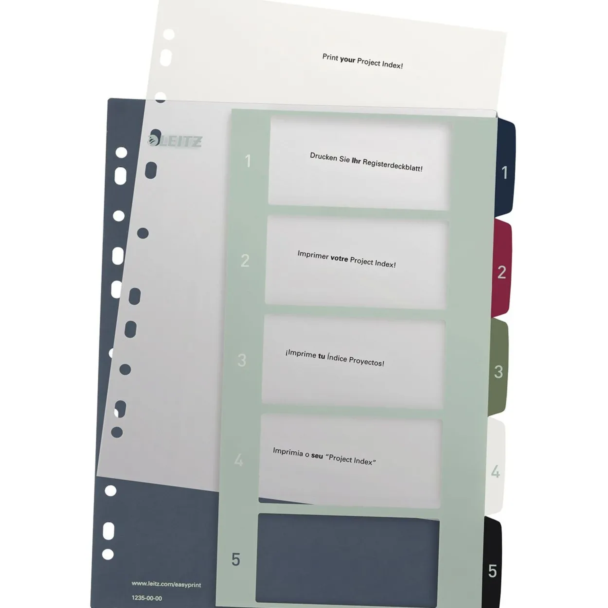 LEITZ Ordnerregister Style DIN A4+ Vollformat, Überbreite 1-5 farbig 5-teilig, 1 Satz