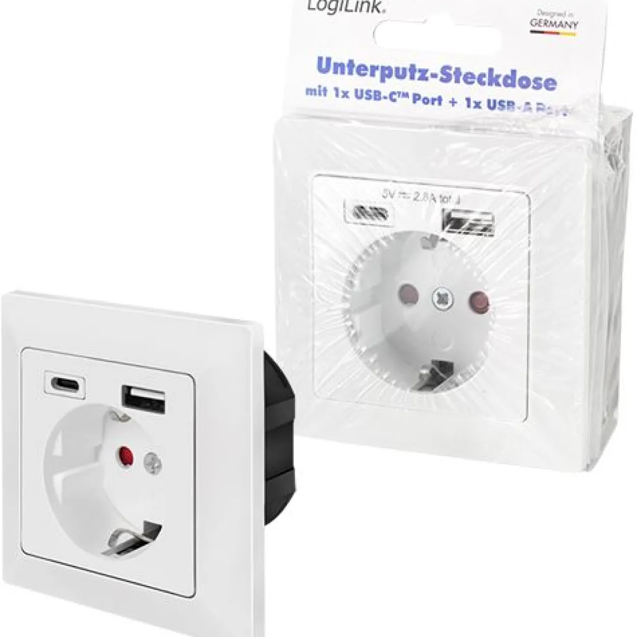 Logilink Unterputz-Steckdose, 1x CEE 7/3, 1x USB-A, 1x USB-C