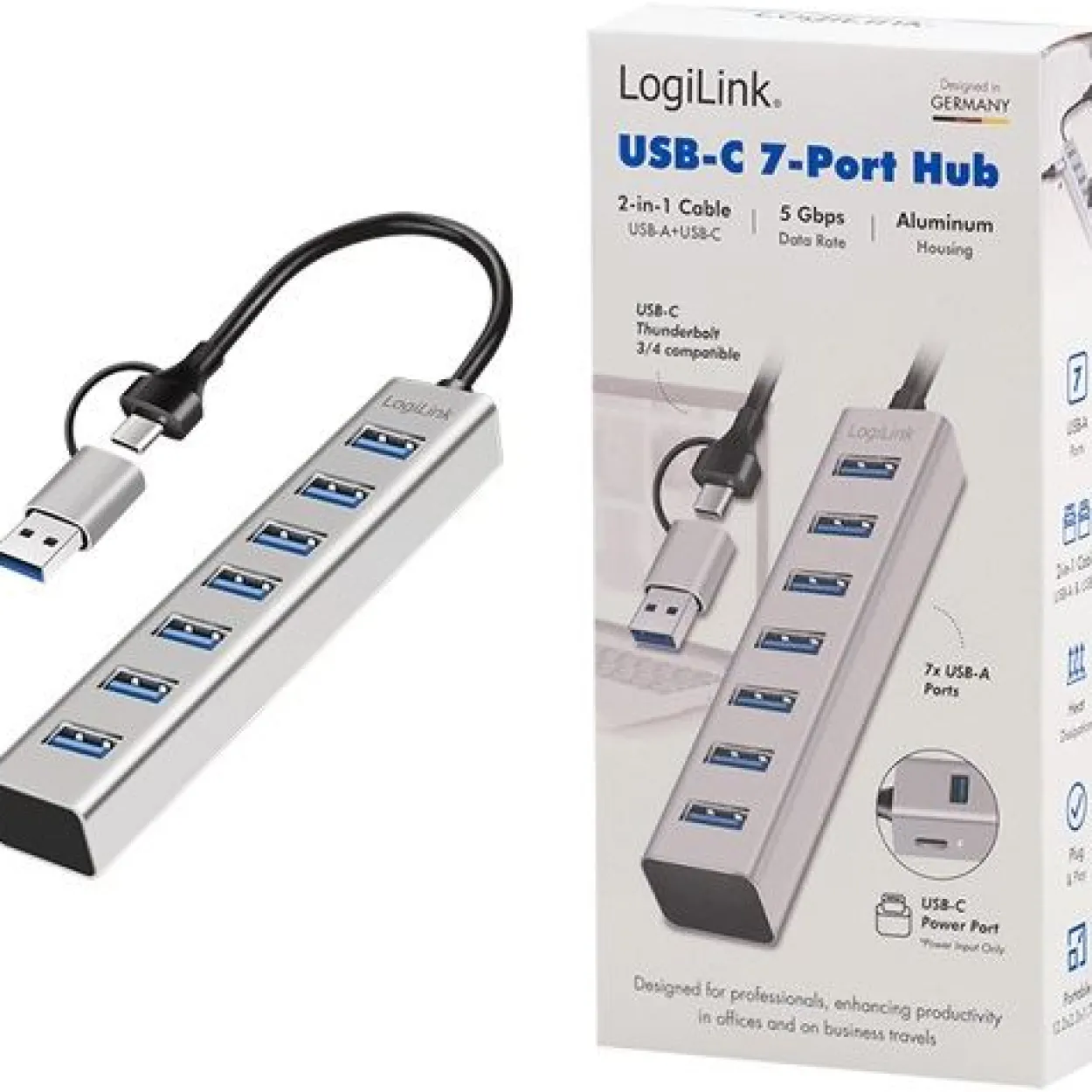 Logilink USB 3.0 HUB, 7-Ports, 7x USB-A, 5 Gbit/s, silber