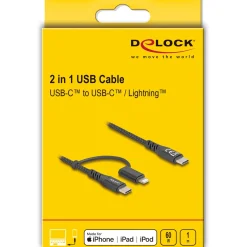 1.00m Delock USB Kabel 2 in 1 USB Type-C zu USB Type-C / Lightning für iPhone und iPad MFi 60 W