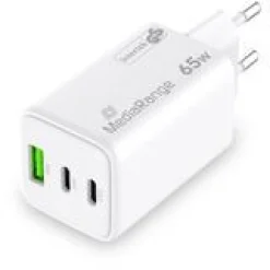MediaRange Ladegerät 65W 3-Port 1x USB-A/2x USB-C GaN, weiß