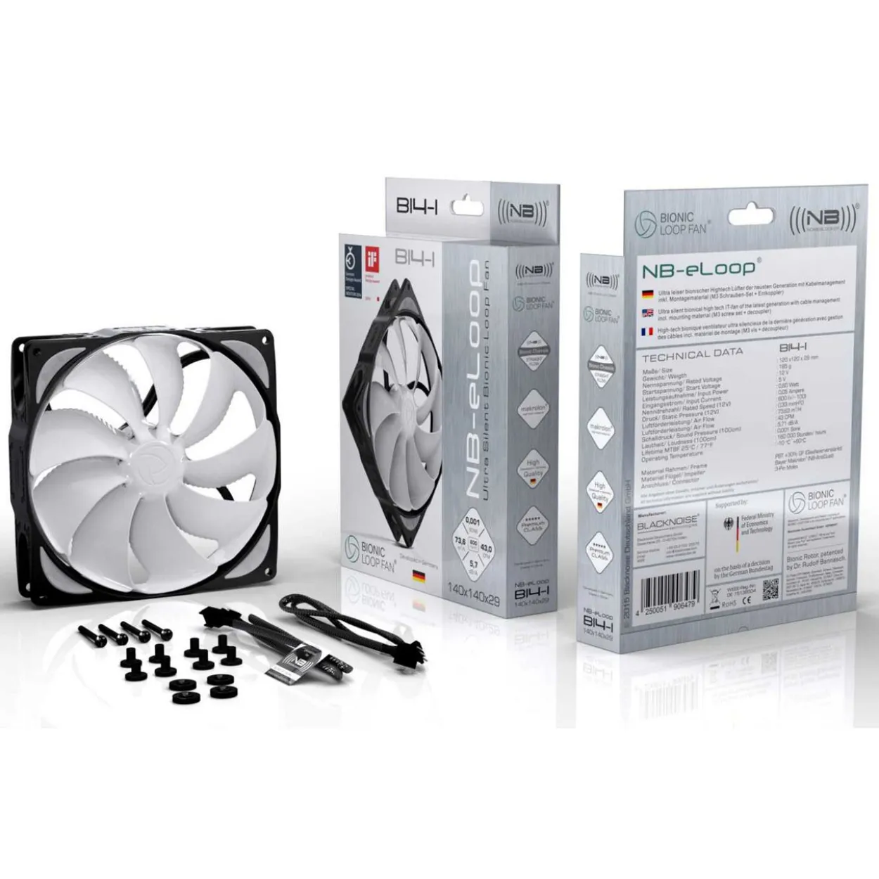 Noiseblocker NB-eLoop B14-1 140x 140x 29mm 600 U/min 5.71dB(A) schwarz/weiß