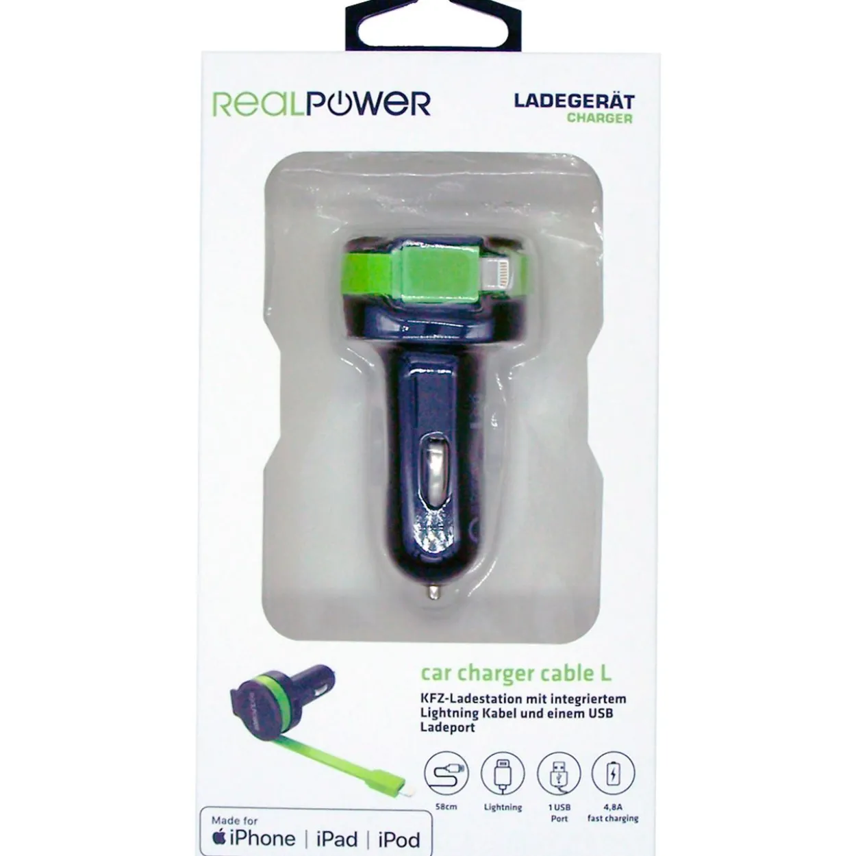Realpower Car Charger L - integrated Lighning Cable + 1x USB