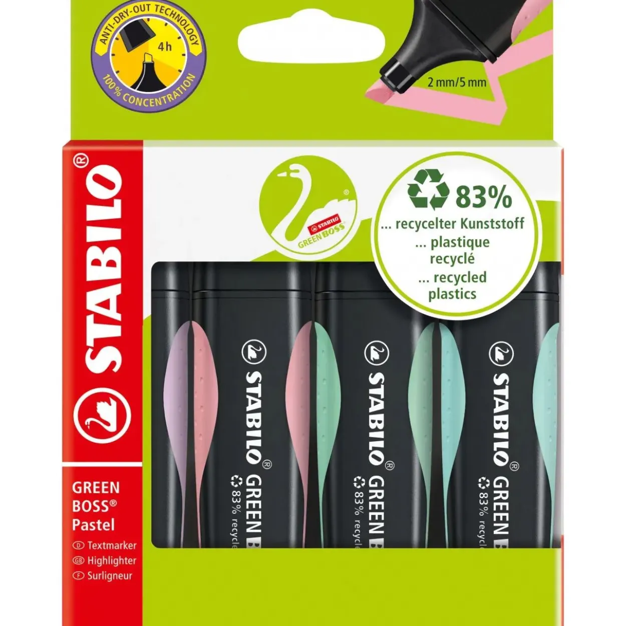 STABILO GREEN BOSS Pastell Textmarker farbsortiert, 4 St.