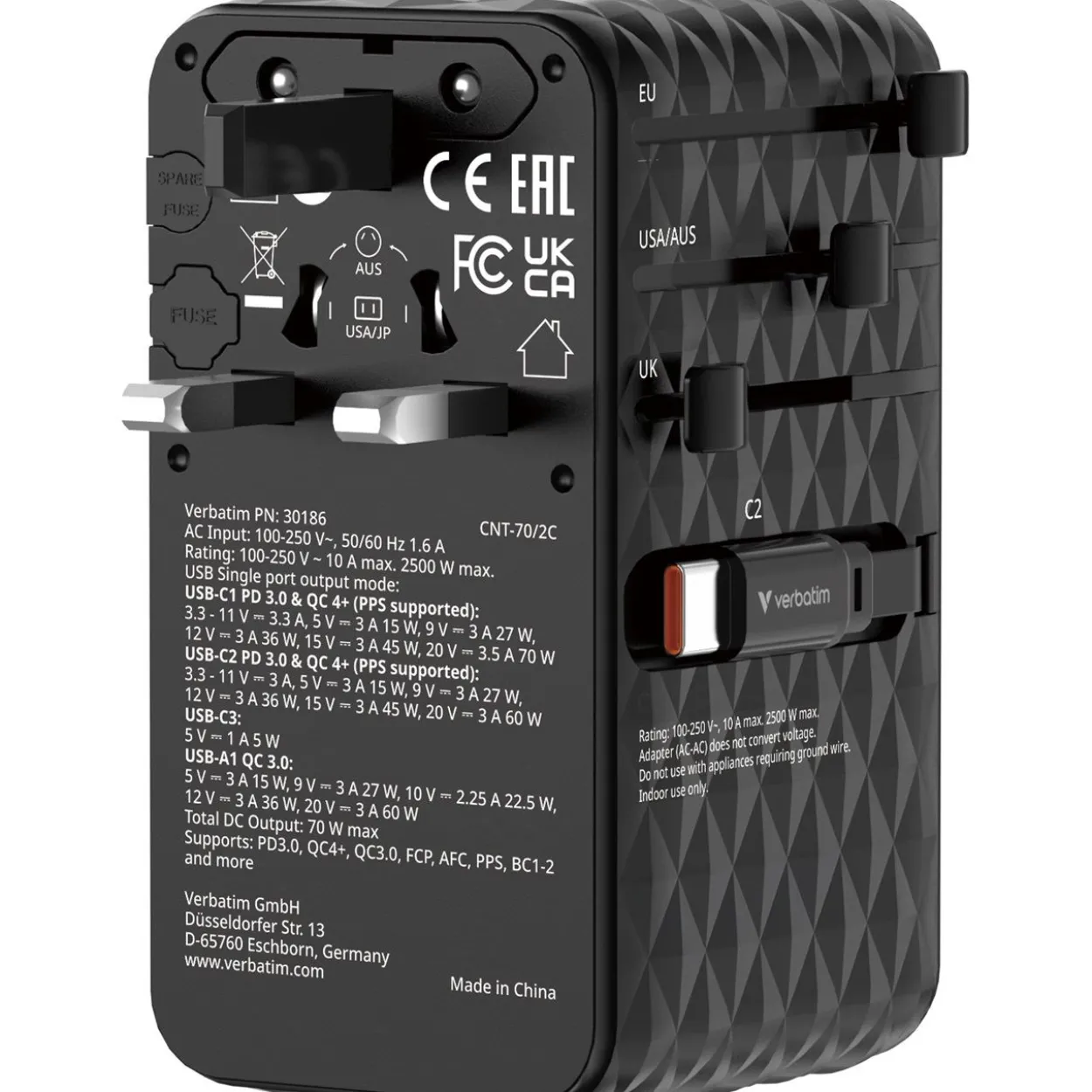 VERBATIM CHARGE 'N' TRAVEL 70W 2C RETRACTABLE UNIVERSAL TRAVEL ADAPTER BLACK