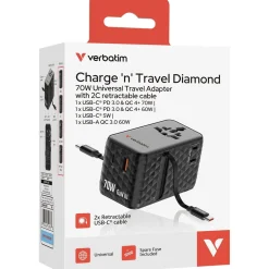 VERBATIM CHARGE 'N' TRAVEL 70W 2C RETRACTABLE UNIVERSAL TRAVEL ADAPTER BLACK