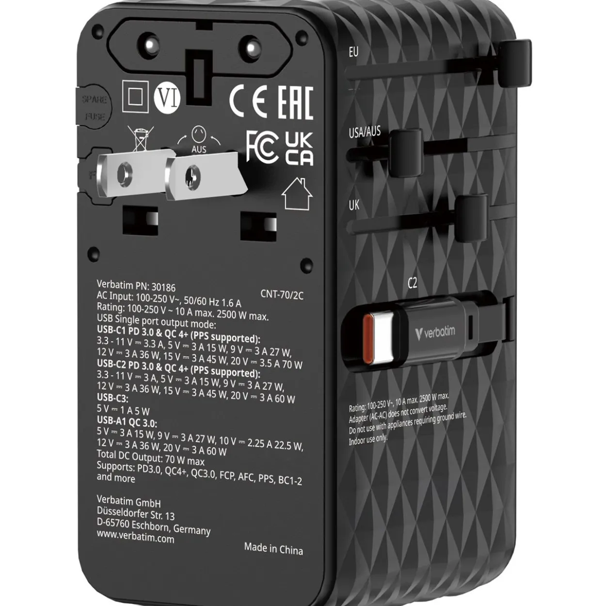 VERBATIM CHARGE 'N' TRAVEL 70W 2C RETRACTABLE UNIVERSAL TRAVEL ADAPTER BLACK