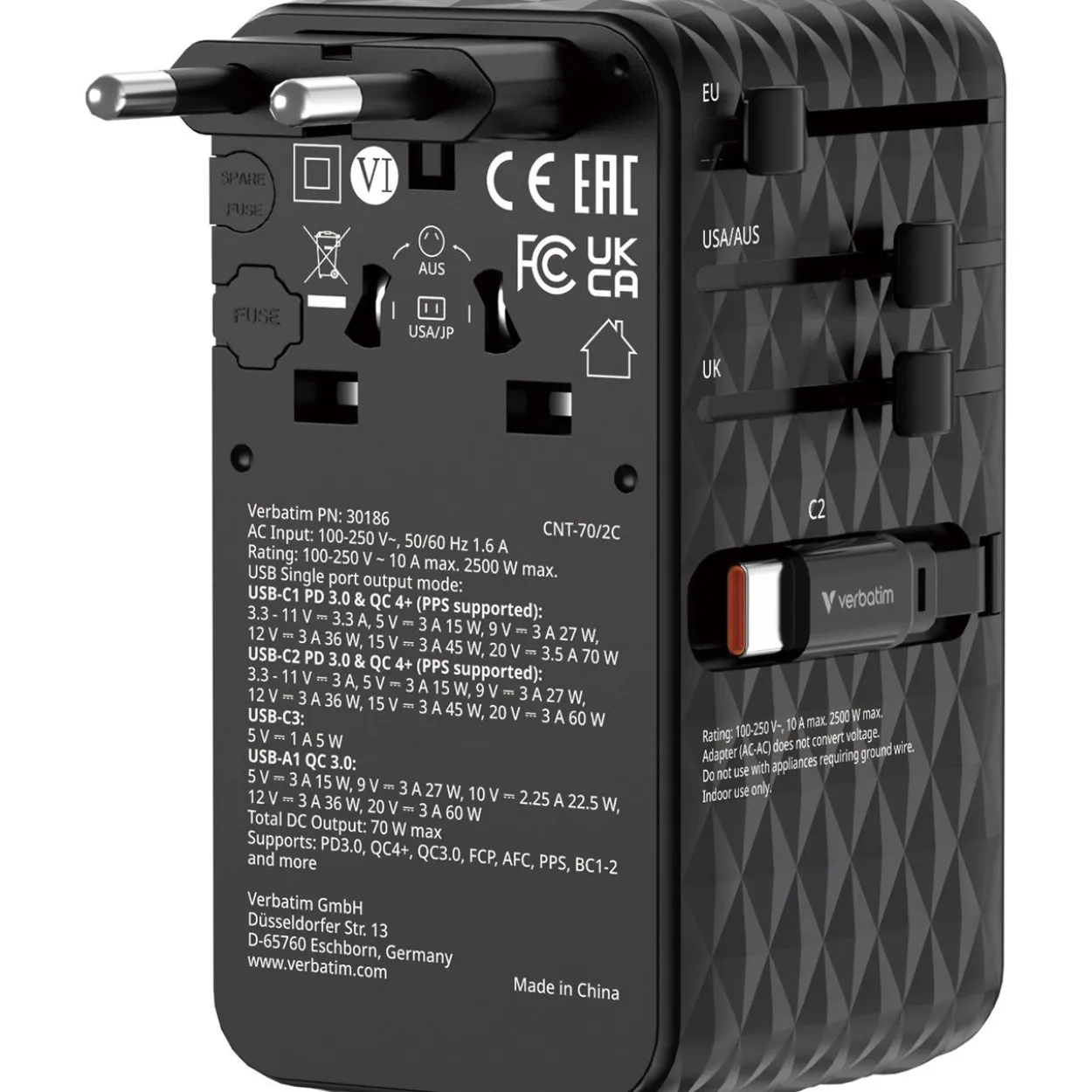 VERBATIM CHARGE 'N' TRAVEL 70W 2C RETRACTABLE UNIVERSAL TRAVEL ADAPTER BLACK