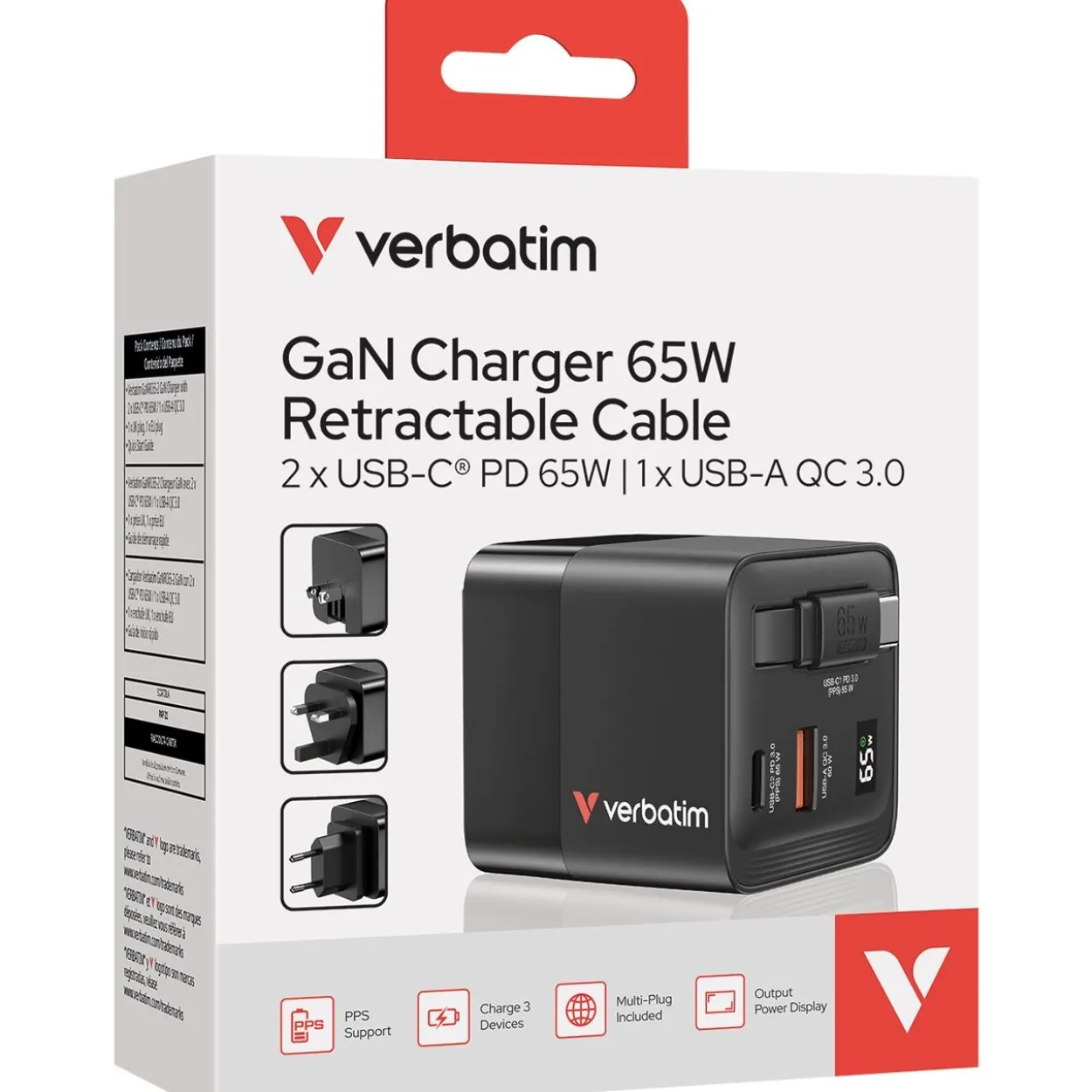 Verbatim Gan Charger 65W 2xUSB-C PD,1xUSB-A, retrac. Cable 32217