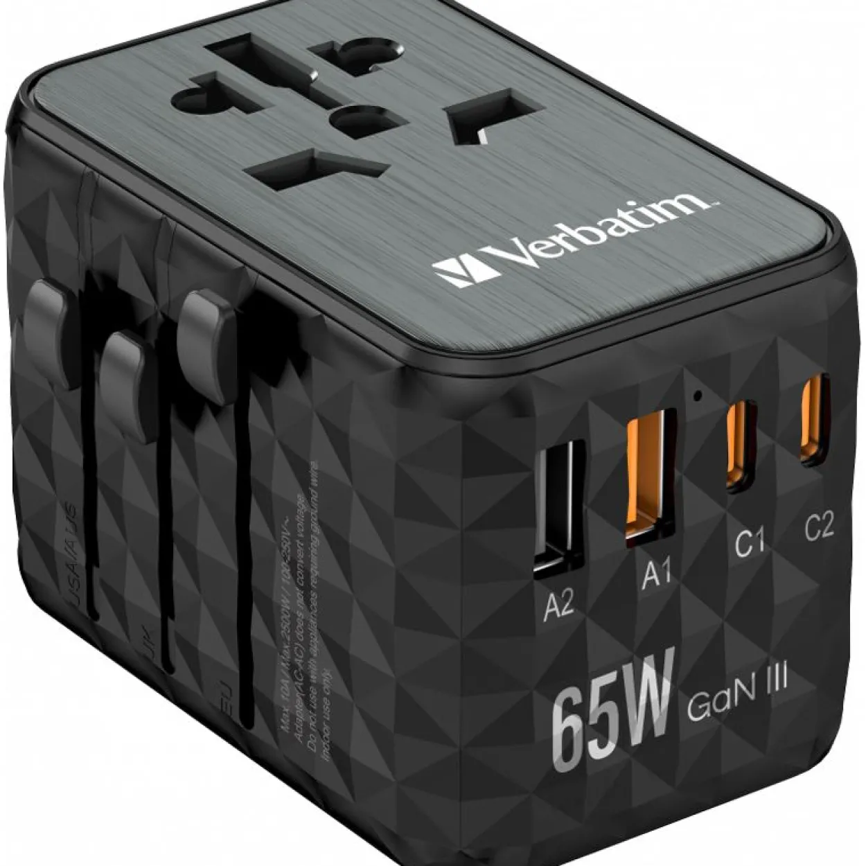 VERBATIM Ladeadapter, Universal Travel, UTA-05, GaN III, 65W 1x USB-A, 1x USB-A QC, 2x USB-C PD, 100-250V, Retail
