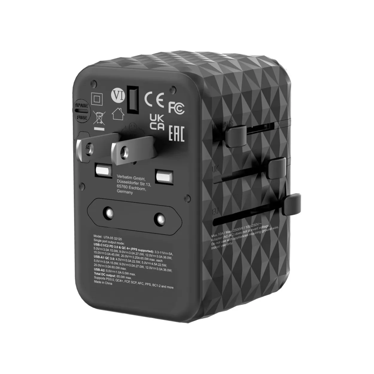 VERBATIM Ladeadapter, Universal Travel, UTA-05, GaN III, 65W 1x USB-A, 1x USB-A QC, 2x USB-C PD, 100-250V, Retail