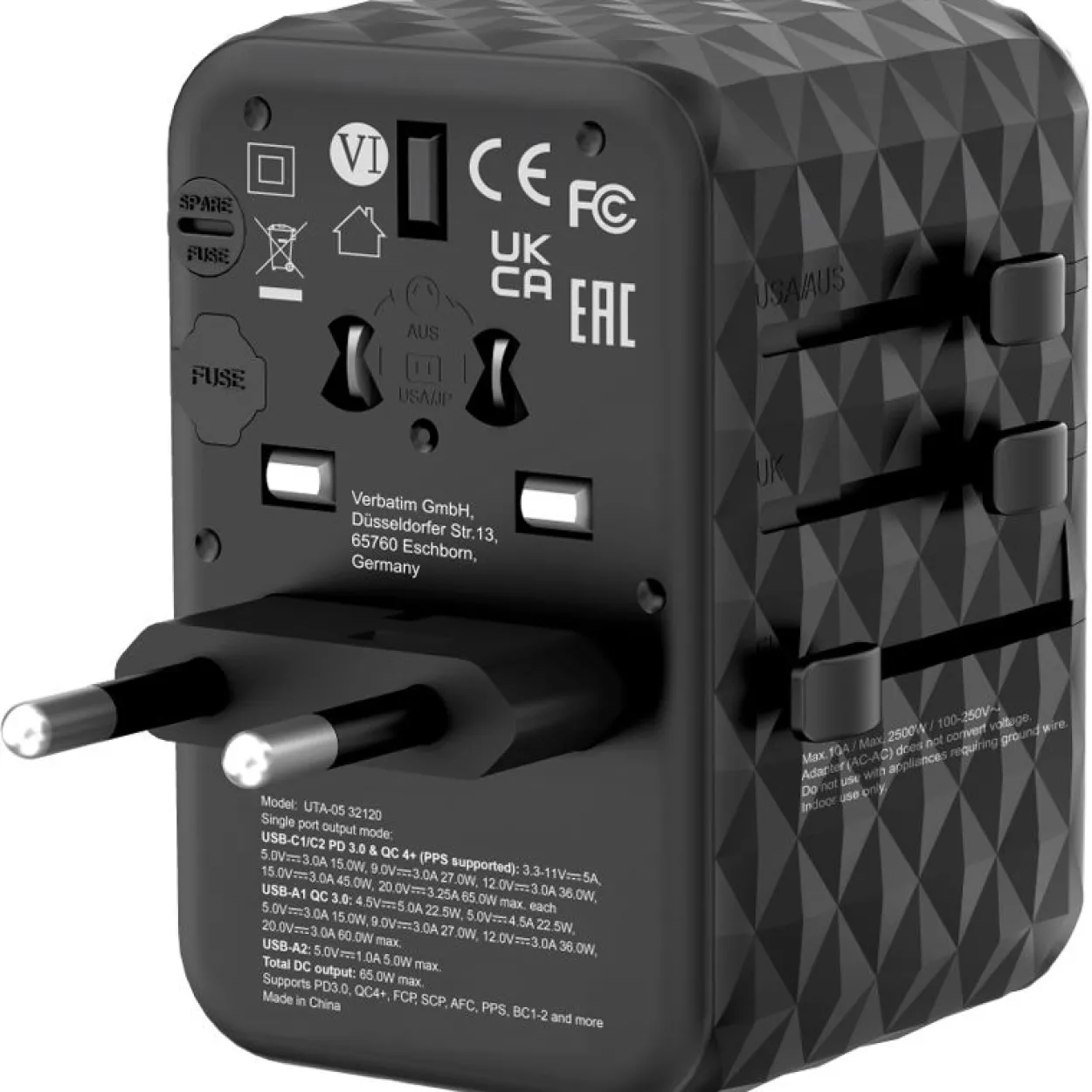VERBATIM Ladeadapter, Universal Travel, UTA-05, GaN III, 65W 1x USB-A, 1x USB-A QC, 2x USB-C PD, 100-250V, Retail