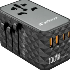 VERBATIM Ladeadapter, Universal Travel, UTA-06, GaN III, 100W 2x USB-A QC, 2x USB-C PD, 100-250V, Retail