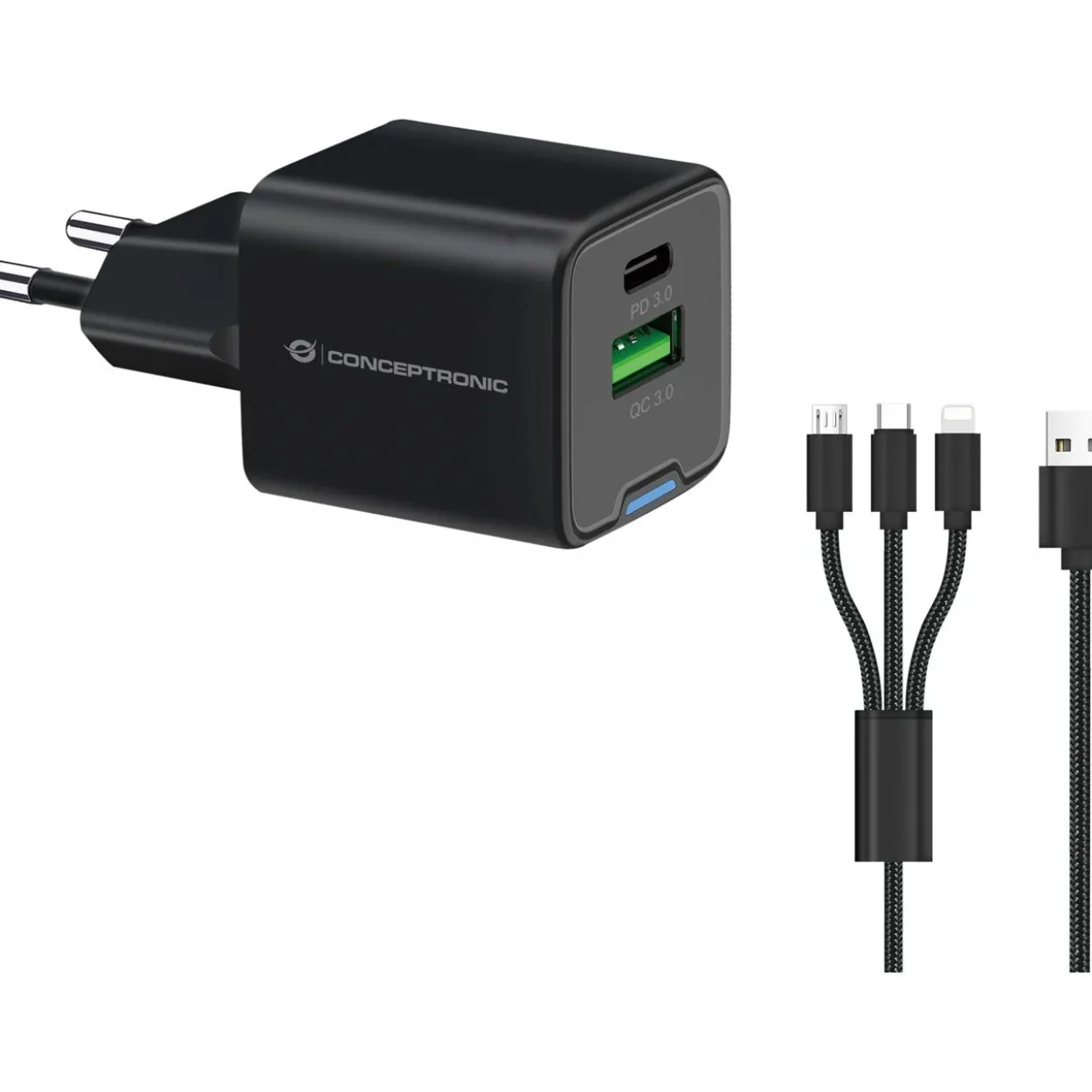 33 Watt Conceptronic Ladegerät 2Port 1xUSB-C,1xUSB-A +3-in-1 schwarz