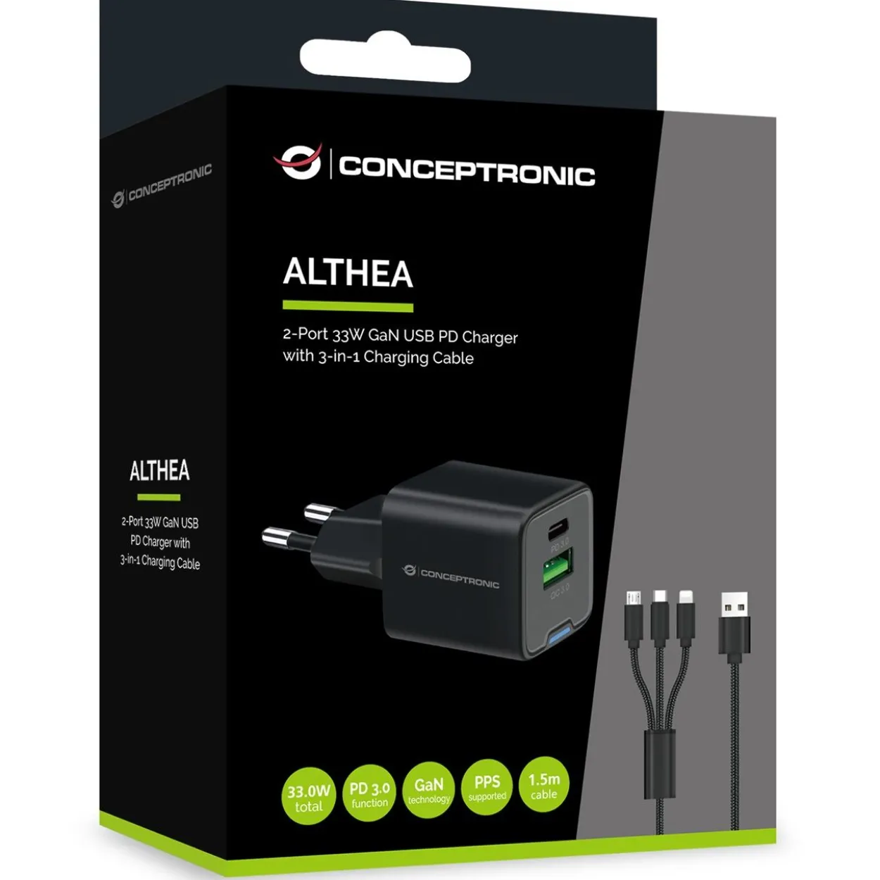 33 Watt Conceptronic Ladegerät 2Port 1xUSB-C,1xUSB-A +3-in-1 schwarz