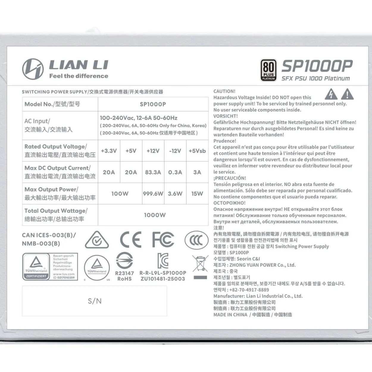 1000 Watt Lian Li SP Series Platinum 80 PLUS Platinum Netzteil, SFX, vollmodular, PCIe 5.1, ATX 3.1 - weiß